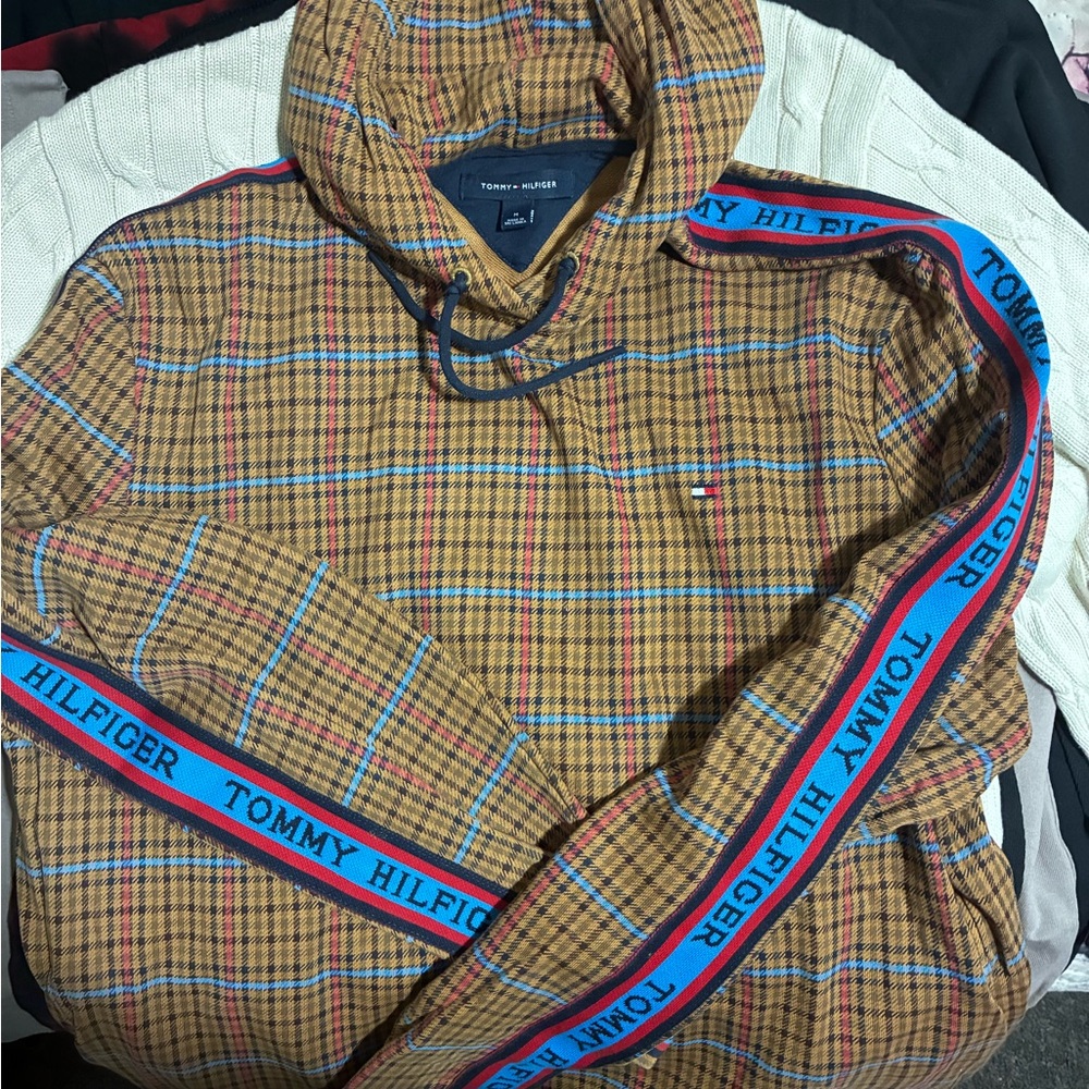 Tommy Hilfiger Tan Plaid Hoodie with Blue Logo Tape
